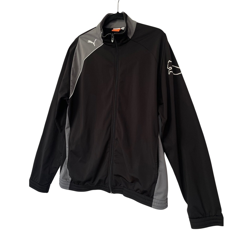 Puma Track Jacket Men XL Black Grey Full Zip Athletic Colorblock Side Hand Pocke